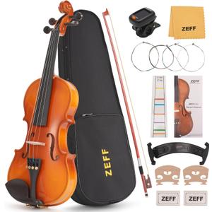 ZEFF Violin 4/4 Full Size for Beginners, Acoustic Fiddle with Bow, Case, Tuner, Bridge, Strings, Starter with Accessory Kit, Maple Wooden Stringed Musical Instruments (Gold,Full)