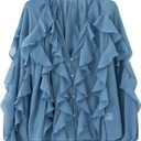 HangNiFang Ruffled Multi-Layered Summer Blouse for Women Trendy Semi See Through V-Neck Long Sleeve Button Chiffon Shirt Tops (Small, Blue)