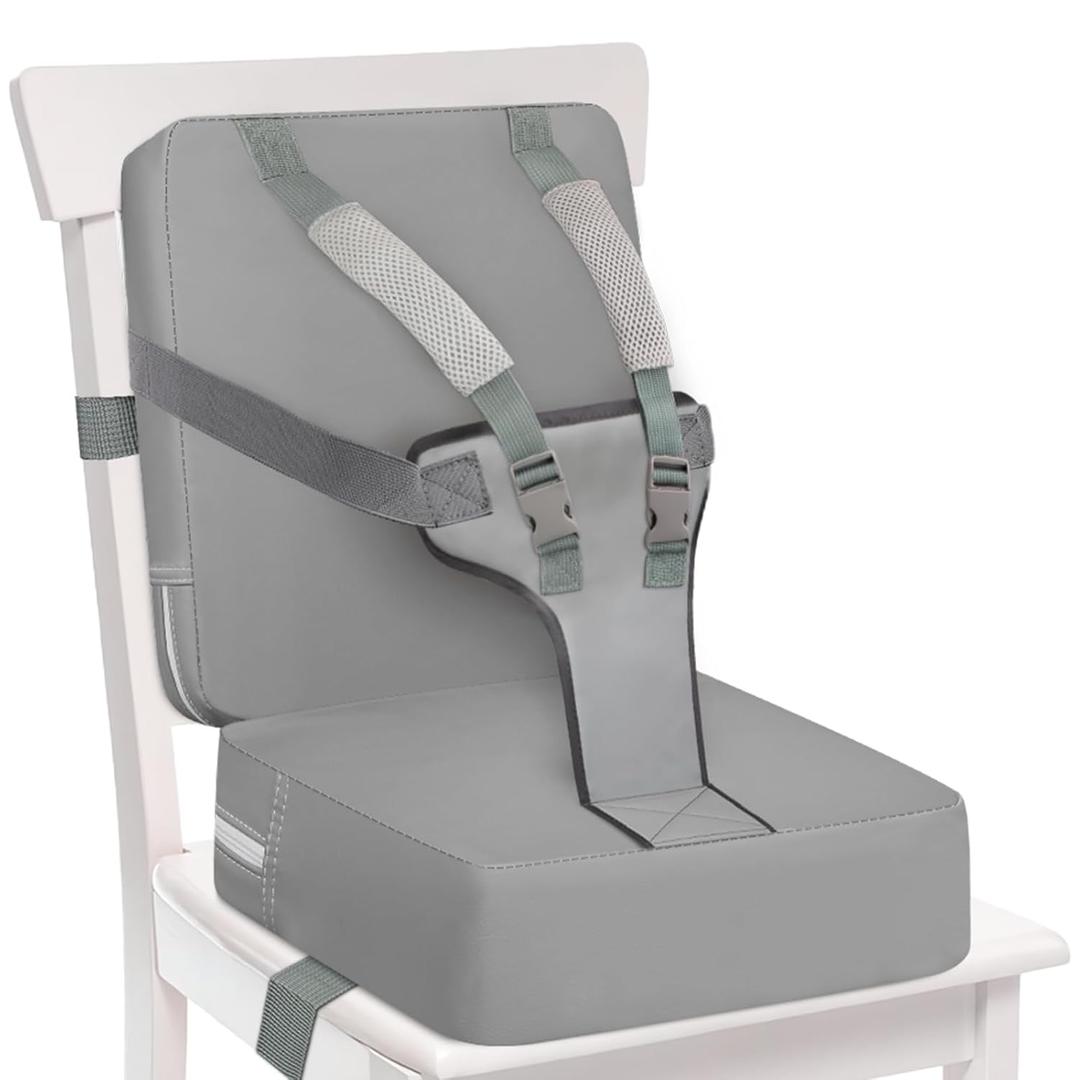 Booster Seat for Kitchen Chair, Toddler Harness Booster Seat Dining Table, Anti-Scratch Toddler Booster Seats for Table with Backrest and Safety Buckles, Portable Travel Booster Eating for Kids- Grey