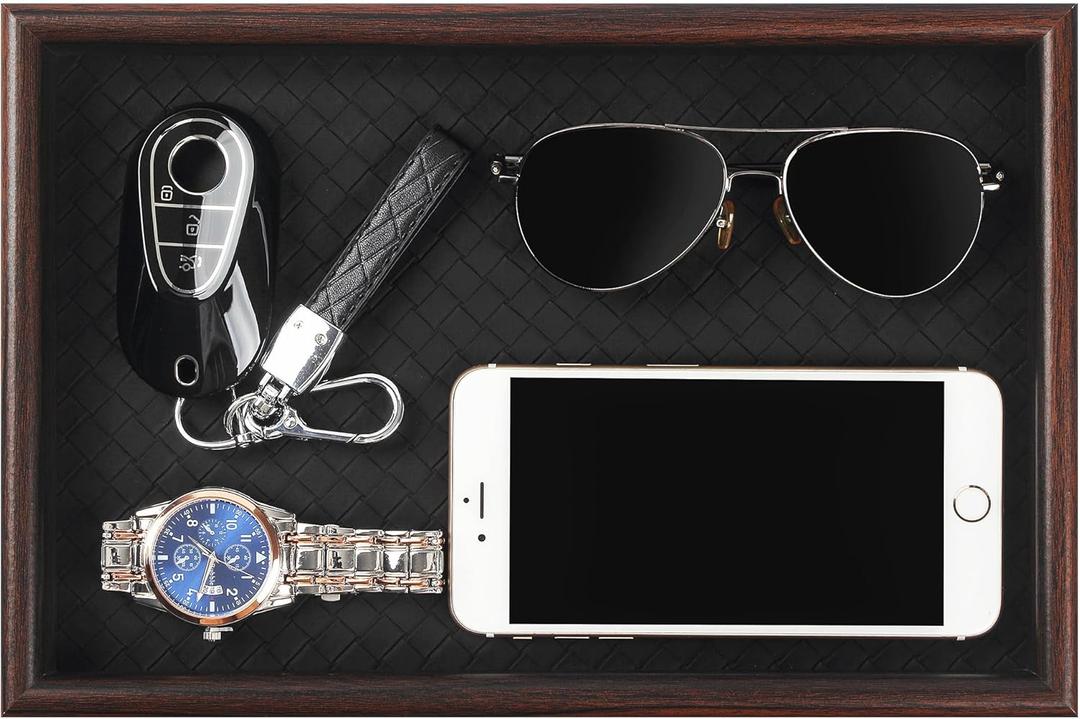 Zosenley Wooden Valet Tray with Leather Base - Nightstand Catchall Organizer for Cologne, Perfume, Keys, Wallet, Phone, Watch, Jewelry & Sunglasses (Black)