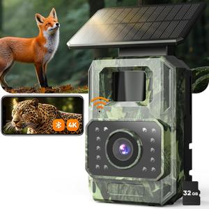 Trail Camera 64MP 4K with Fixed Solar Panel, 6000mAh Game Camera with Night Vision Motion Activated Waterproof IP66 for Wildlife Deer Critter, Outdoor WiFi Trail Cam, 32GB SD Card Included