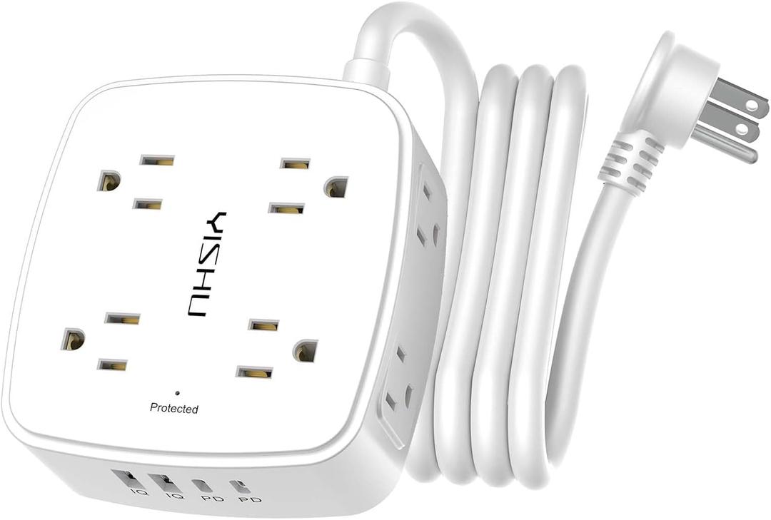 Surge Protector Power Strip - YISHU 8 Widely Outlets with 2 USB-C(PD 30W) and 2 USB-A Ports, 3 Side Outlet Extender with 6Ft Flat Plug Extension Cord, Wall Mount, Desk USB Charging Station, ETL,White