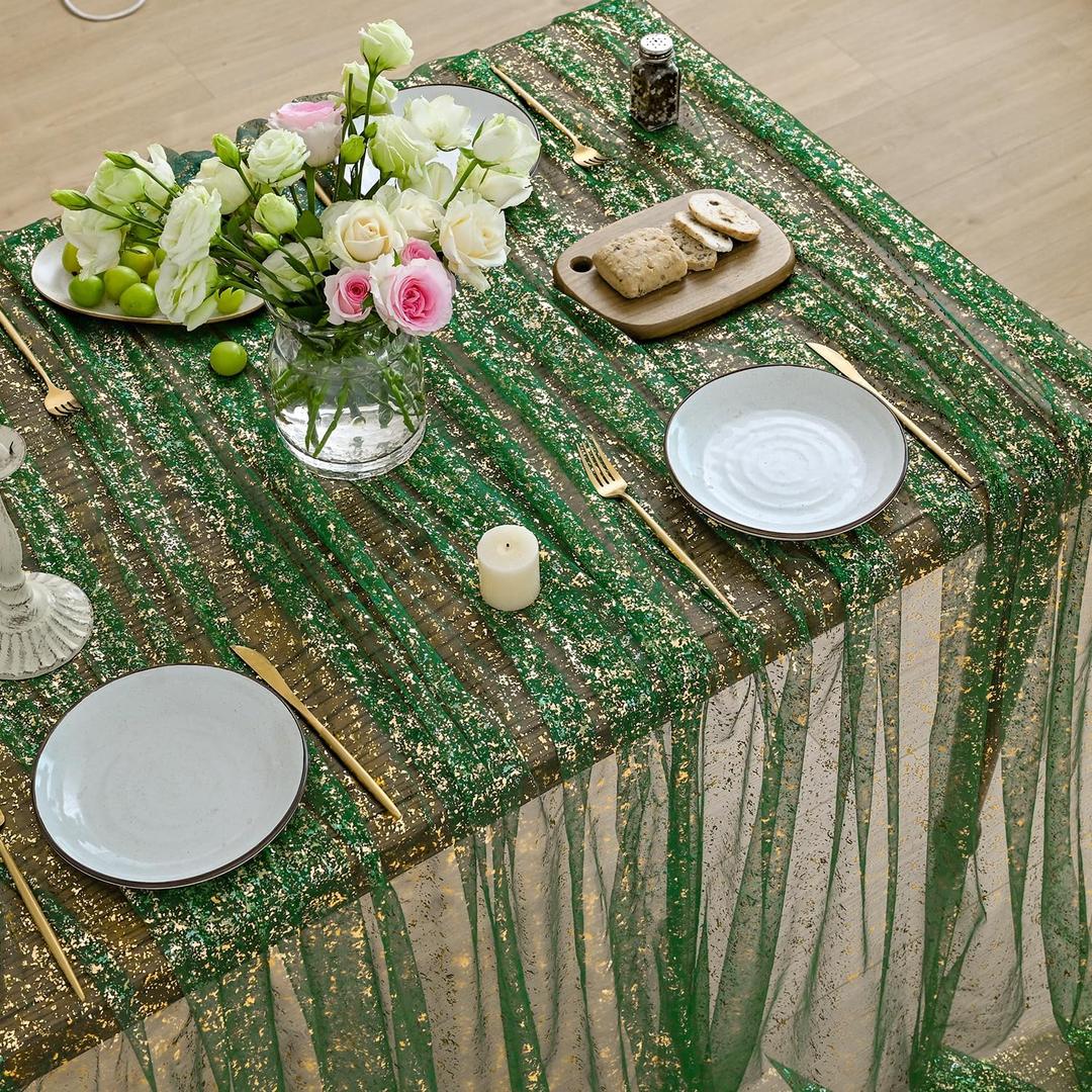 Horaldaily Green Gold Gauze Tablecloth 60x84 Inch Rectangular, Green Sequin Glitter Metallic Foil, Sheer Tulle Cheesecloth for Wedding Baby Shower Ceremony Birthday