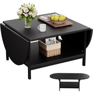 SAYGOER Black Coffee Table Modern Extended Coffee Tables with Storage for Living Room 2-Tier Unique Center Table with Two Folding Panel for Any Large or Small Space,Foldable, All Black
