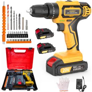 Cordless Drill with Battery and Charger, 20V Electric Power Drill with 3/8" Keyless Chuck, 25+3 Torque Settings & Impact Mode for Drilling, Screwdriving, and Home Improvement(2 Batteries) (Yellow)