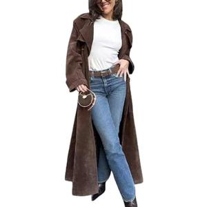 Utcoco Womens Faux Suede Long Trench Coat Notched Lapel Double Breasted Pea Coat Overcoat with Belt M