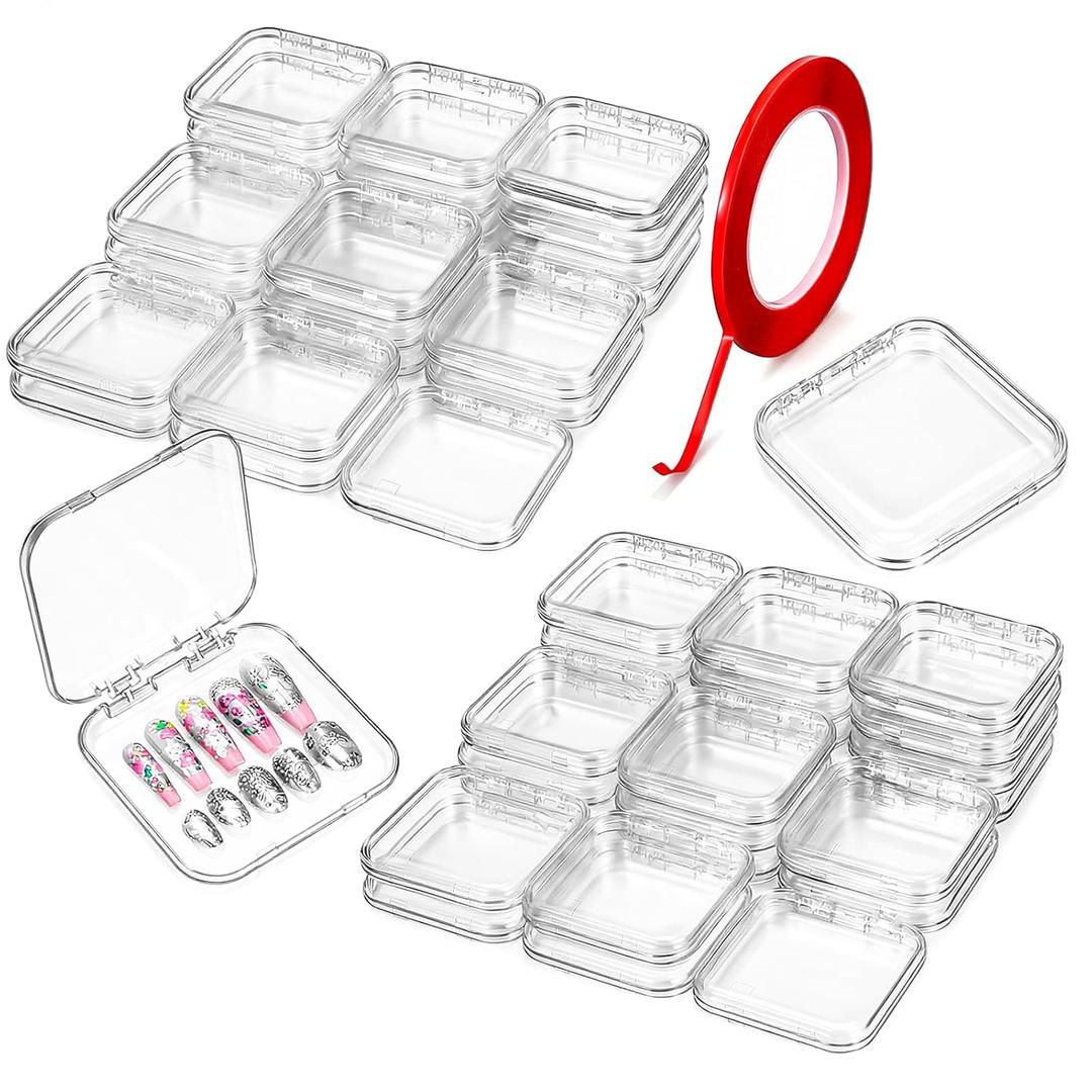 Molain 40 Pcs Clear Press on Nail Packaging Boxes Case with 10M Tape, Plastic Fake Nail Display Organizer Container for Storage Salon Business Jewelry 2.95x2.95 Inch