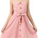 GORLYA Girls Front Button Down Summer Sundress Casual A-Line Spaghetti Strap Belted Midi Dress Size 12 Y
