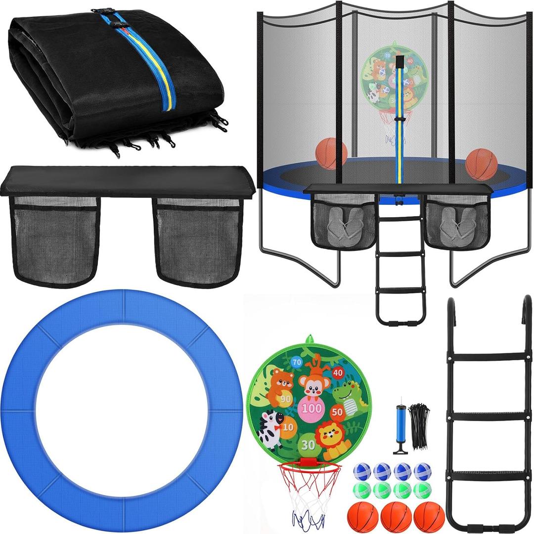 Trampoline Accessories Kit, Trampoline Replacement Pad 14ft 6 Poles Safety Net 3 Step Ladder and Storage Bag 2 in 1 Basketball Hoop Dartboards (No Poles)
