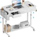 White Portable Rolling Computer Desk - 40 Inch Adjustable Mobile Standing Teacher Desks with 3 Fabric Drawers on Wheels, Couch Sofa Side Laptop Stand Up Table with Storage for Home Office, White