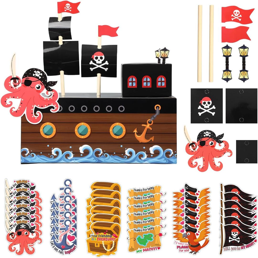Pasimy Valentines DIY Mailbox for Kids with Greeting Cards Valentine's Day Card Box for School Classroom Boys Girls Gifts Exchange, Kids Gift to Party Favor Sets(Pirate)