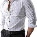 JOGAL Mens Striped Shirts Long Sleeve Textured Satin Party Shirt Slim Fit Wrinkle-Free Button Down Shirts (L)