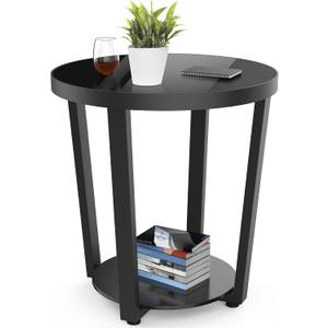 Round End Table, Tempered Glass End Table with Metal Frame, Small Coffee Table, Black Sofa Side Table for Living Room, Balcony, Bedroom, 19.7 in X 19.7 in X 22.4 in