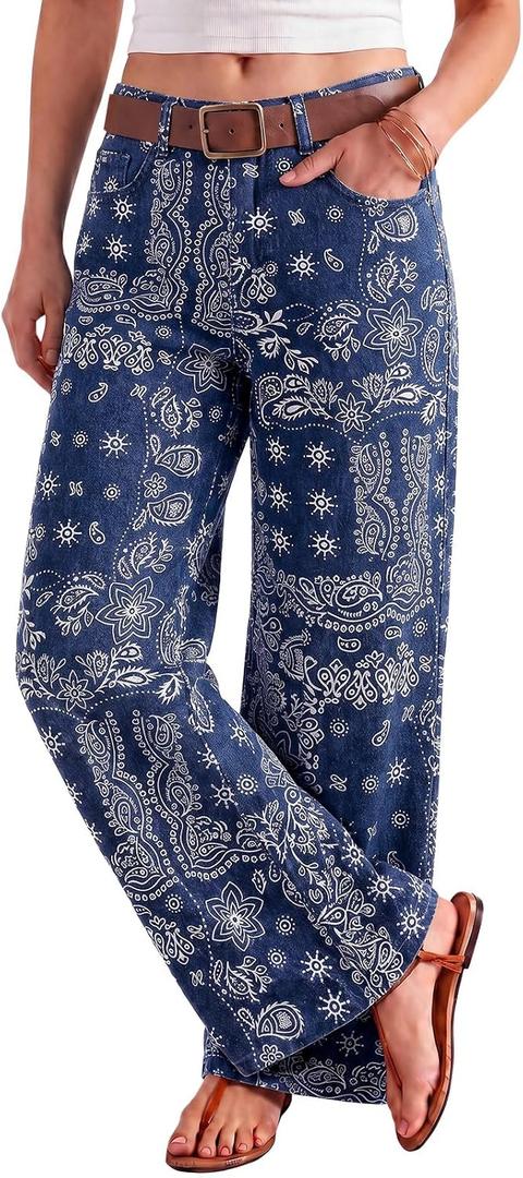 Tankaneo Womens Boyfriend Baggy Jeans Boho Wide Leg High Waist Denim Pants (Dark Blue), Size: 10