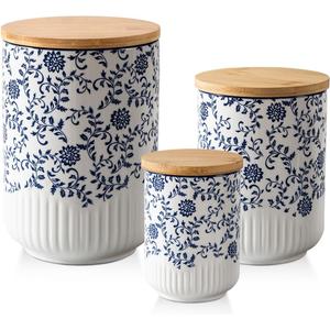 Canisters Sets for Kitchen - Ceramic Kitchen Containers for Countertop with Airtight Wood Lids - Flour and Sugar Containers for Coffee Tea Spice Beans Cookie Jars - Blue Set of 3