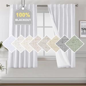 H.VERSAILTEX Pure White 100% Blackout Faux Linen Window Curtain Panels Heat and Full Light Blocking Drapes for Nursery, Back Tab 63 inches Thermal Insulated Draperies 52 inches Wide Each Panel, 2 PCs
