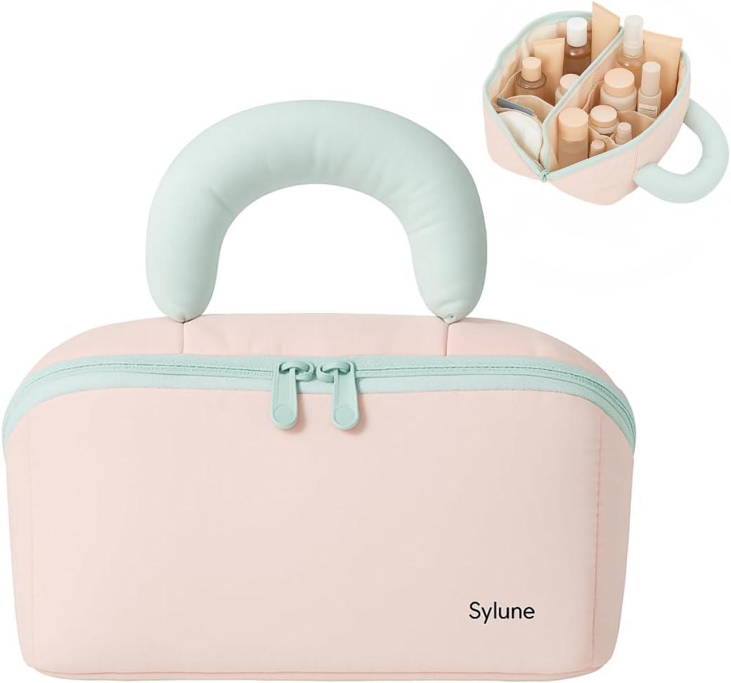 Tuck Hanging Toiletry Bag - Water-Resistant Travel Makeup Organizer with Spacious Compartments & Padded Handle for Women (Blush Petal & Mint) (Fold Travel Makeup Bag)