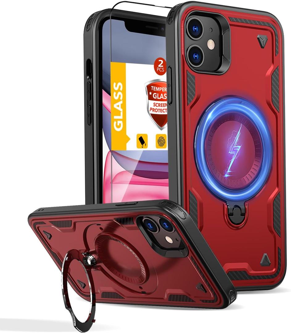 for iPhone 11 Case Magnetic,for iPhone XR Case Compatible with MagSafe,with 1 Tempered Glass Screen Protector,Built-in Stand Ring Military Grade Drop Heavy Duty Protection Shockproof Phone Red