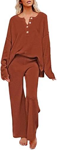 Viottiset Women's 2 Piece Outfits Sweatsuit Knit Long Sleeve Sweater Wide Leg Pants Loungewear, Small, Burnt Orange