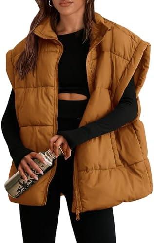 PRETTYGARDEN Women's Puffer Vest Fall Casual Stand Collar Lightweight Sleeveless Zip Up Padded Jackets Outerwear (Brown, M)