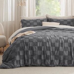 Bedsure Queen Size Comforter Set Dark Grey, Boho Tufted Bed Set, Checkered Farmhouse Shabby Chic Bedding, 3 Pieces, 1 Plaid Geometric Comforter and 2 Pillow Shams