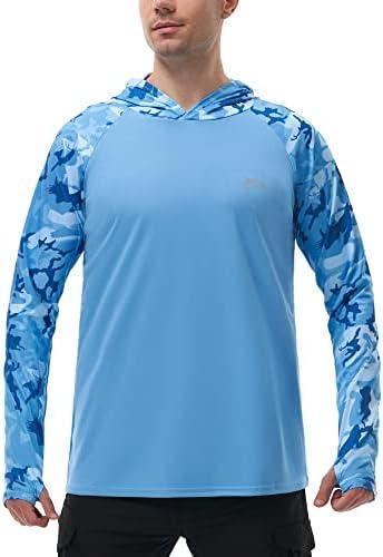 FISHEAL Men's Performance Fishing Hoodie Shirt with Thumbholes - UPF 50 Sun Protection Camo Long Sleeve Shirts Quick-Dry M Blue