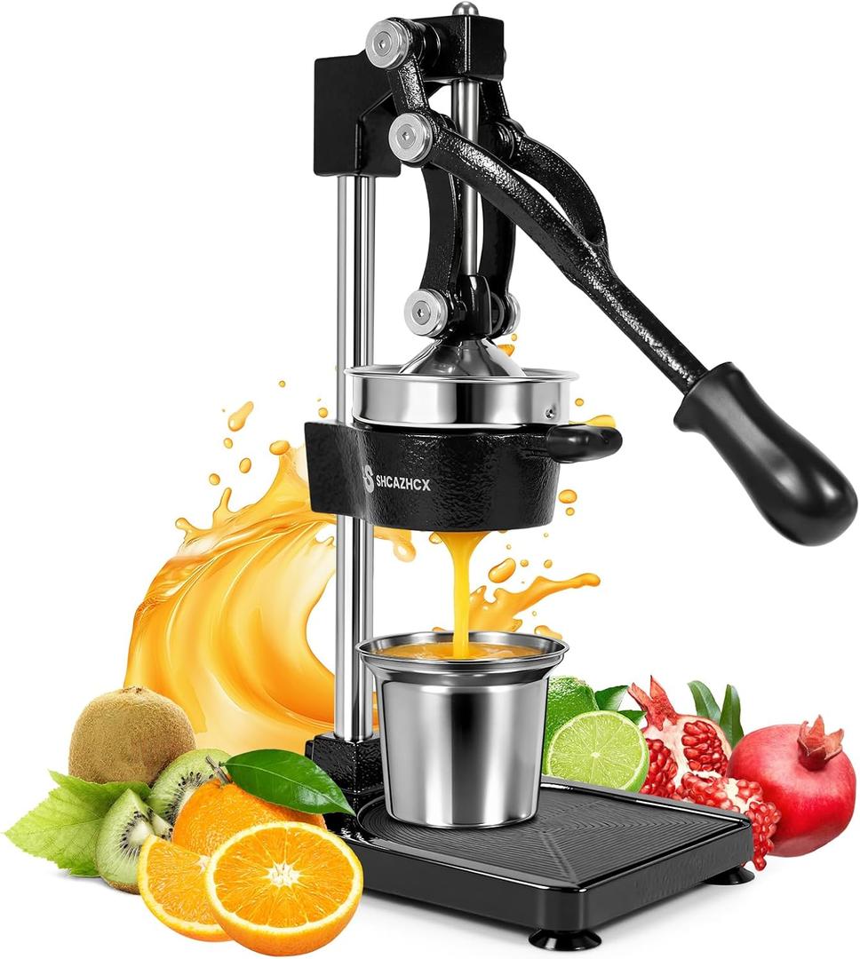 Cast Iron Juicer, Manual Citrus Press, Heavy-Duty Hand Press Fruit Squeezer with Detachable Stainless Steel Parts & Stable Base for Orange Lemon Lime Grapefruit, Home & Commercial Use, Black