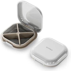 ONTERATE Small Pill Case, Travel Pill Organizer, Small Pill Box, Pill Container for Purse 4 Compartments, Daily Compact Travel Medicine Holder for Vitamins Medication (White Grey)