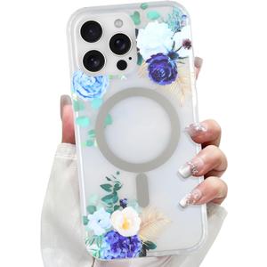 LSL Designed for iPhone 15 Pro Max Case [Drop Protection/Compatible with Magsafe] Cute Flower Magnetic Phone Case for Women Girly TPU Bumper Floral Cover Blue