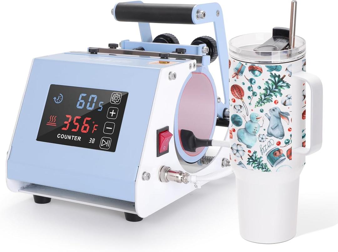 PYD Life 110 V Mini Max 40 OZ Tumbler Heat Press Machine Light Blue Mug Heat Press Touch Screen for 40 OZ Sublimation Tumbler with Handle Sublimation Printing
