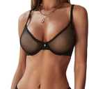 Women's See Through Sheer Mesh Unlined Underwire Everyday Bra and Panties (Black)