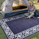 PureCozy Outdoor Plastic Straw Rug Navy Blue Large Outside Waterproof Outdoor Patio 6x9 Carpet Geometric Reversible Mat Modern for Camping RV Porch Deck Balcony Beach