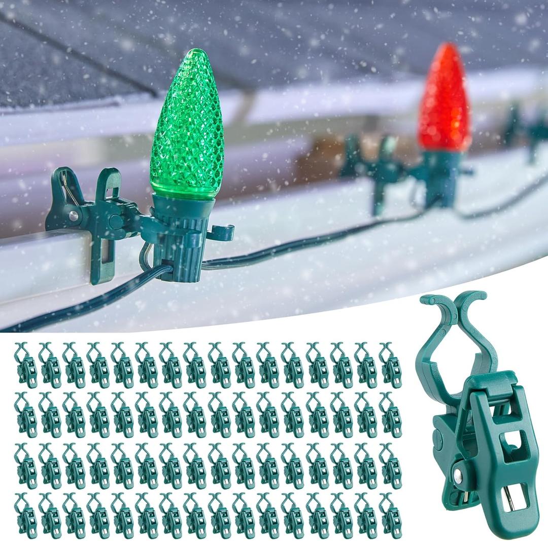 Minetom C7 C9 Christmas Light Clips Outdoor, 100 Count Universal Quick Christmas Light Spring Clips for Outside Roof Gutter Shingle Fence E12 E17 Base (Green)