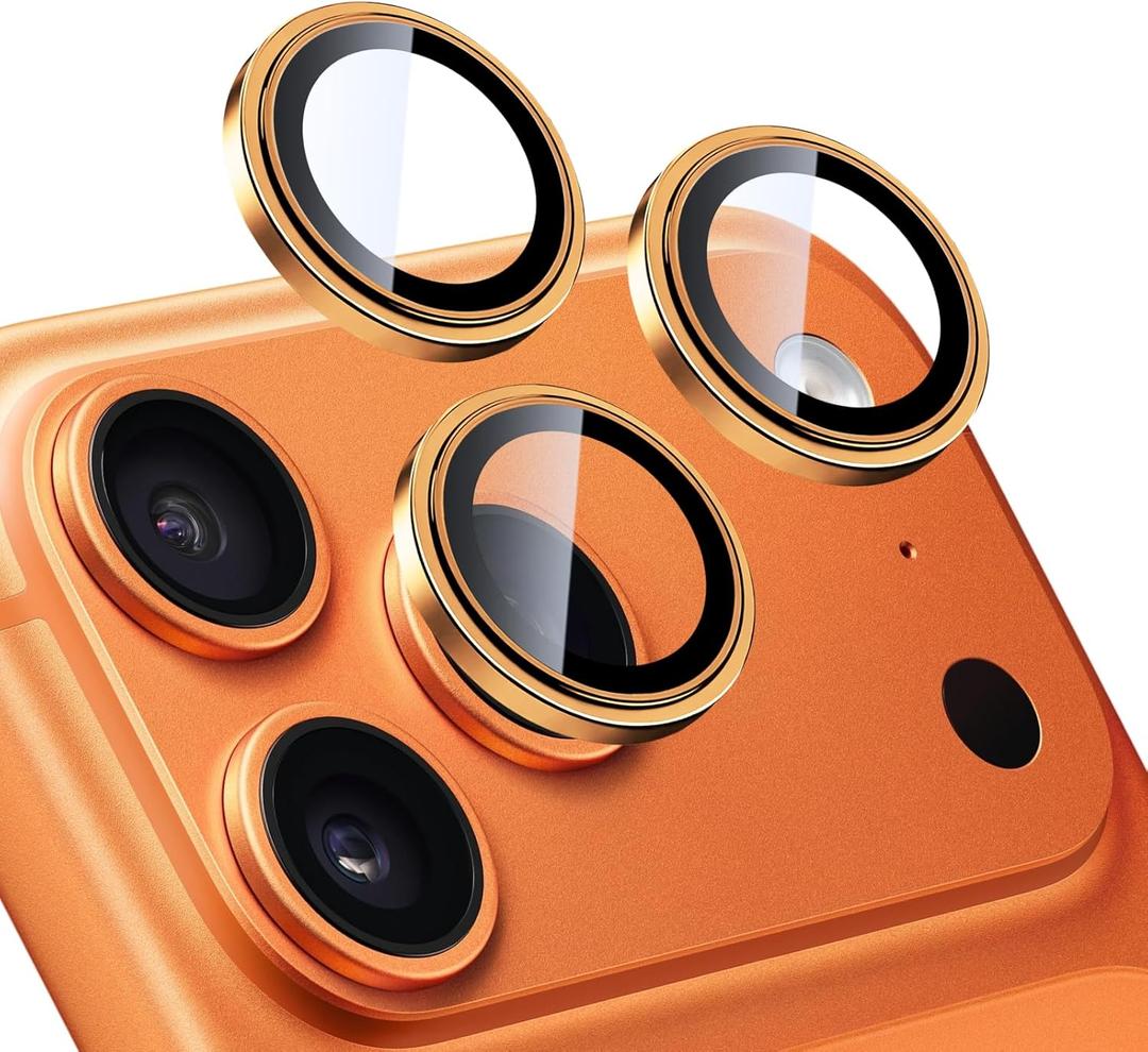 TENOC Camera Lens Protector for iPhone 17 Pro & iPhone 17 Pro Max, 9H Tempered Glass Camera Screen Cover, Orange Metal Individual Ring