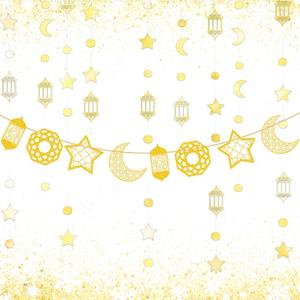 LaVenty Gold Eid Decorations Party Supplies Moon Stars Banner Garland Sign for Home Mubarak Decorations Ramadan Decorations Umrah Decorations