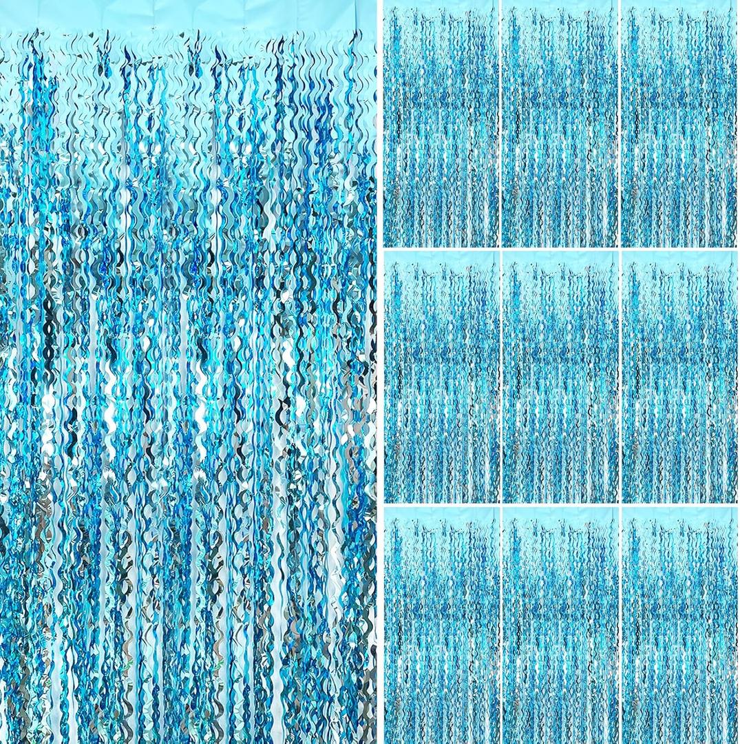 Blue Streamers Photo Backdrop Wave Foil Fringe Curtain Tinsel Backdrop Blue Birthday Parties Favor for Bachelorette, Frozen Birthday Ocean Themed Party Decorations Snow Flakes Decorating (10 pack)