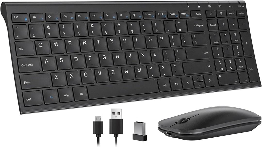 Seenda Rechargeable Wireless Keyboard and Mouse - Ultra-Thin Metal Keyboard with Low-Profile Keys, 2.4G Wireless Keyboard for Windows PC Laptop Computer - Black