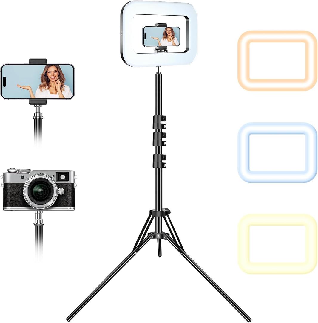 Rechargeable Ring Light with Stand for Video Recording, Dimmable Lighting Tripod for iPhone, Square Light with Phone Holder for Content Creators, Selfie, Makeup, Live Streaming, TikTok