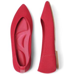 CELNEPHO Red Women's Comfortable Knit Mary Jane Flats - Pointed Toe, Slip On, Arch Support, Washable, Casual & Dressy Shoes - US Size: 11