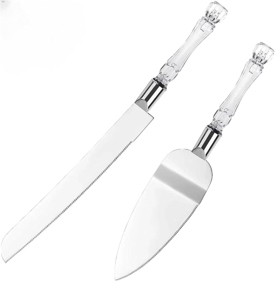 2 x 2-Piece Elegant Cake Cutting Set, Exquisite Server with Serrated Design, Includes Cake Cutting tool and Pie Spatula for Pastry, Pizza and Desserts for Wedding Birthday Christmas (Silver)