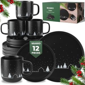 MIAMIO  Christmas Dinnerware Set 12-Piece/Christmas Plates Set with Mugs in minimalist holiday design (Service for 4) / Dishwasher and Microwave Safe  Vinter Collection