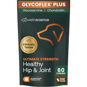 VetriScience Ultimate Strength Healthy Hip & Joint Chews, GlycoFlex Glucosamine, Chondroitin and Green-Lipped Mussel Joint Support Supplement for Dogs, Soothe Discomfort, Peanut Butter, 60 Chews