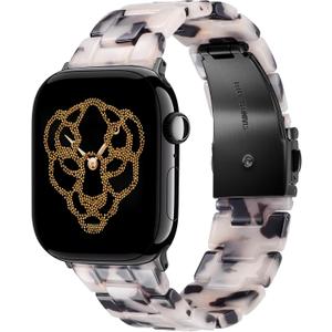 V.R.HOPE Resin Band Compatible with Apple Watch Band for Women 44mm 42mm 45mm 46mm 49mm Tortoise Fashion Lightweight Bracelet Strap for iWatch Series Ultra3/11/10/9/8/7/6/5/4/3/2/1/SE3 (Black Floral)