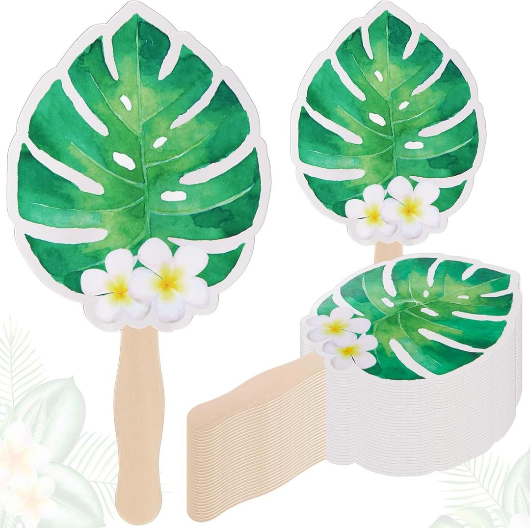 50 Pcs Hawaiian Luau Paper Hand Fans Bulk, Hawaiian Luau Wedding Party Favors Decorations, Palm Leaves Tropical Hand Fans with Wooden Sticks, Photo Props for Guests