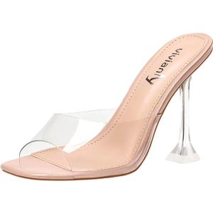 vivianly Womens Clear Heels Sandals Transparent Stiletto Heel Slippers Backless Peep Toe Slip on Heeled Mules (Beige) 7