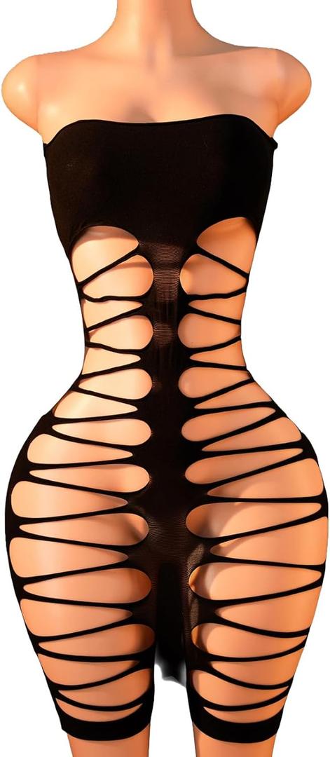 FHSEER-Body Stocking Women Black Lace One Piece Bodysuit Bodystocking Fishnet Lingerie Leopard Sleeve Mesh Body Suits