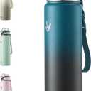 Enerbone Insulated Water Bottle, 32 oz Stainless Steel Water Bottles with Carrying Strap, Double-Wall Vacuum Insulation Thermos, Leakproof Sports Bottle with Straw, Keep Drinks Hot or Cold for Hours (Interstellar)