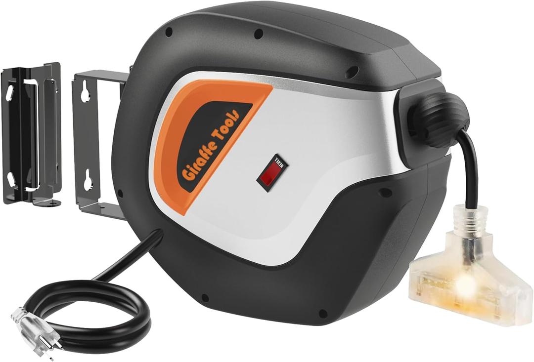 Giraffe Tools Retractable Power Cord Reel, 50ft 12AWG/3C SJT Heavy Duty Extension Cord Storage Reel Wall/Ceiling Mount for Garage with Lighted Triple Tap