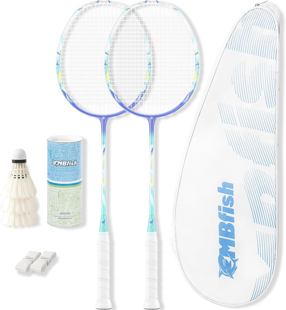 MBFISH Badminton Racket Set with 2 Carbon Fiber Rackets, 3 Shuttlecocks, 2 Replacement Racket Grip Tapes and 1 Badminton Bag - Perfect for Beginners & Outdoor Games 4U Whale 2P