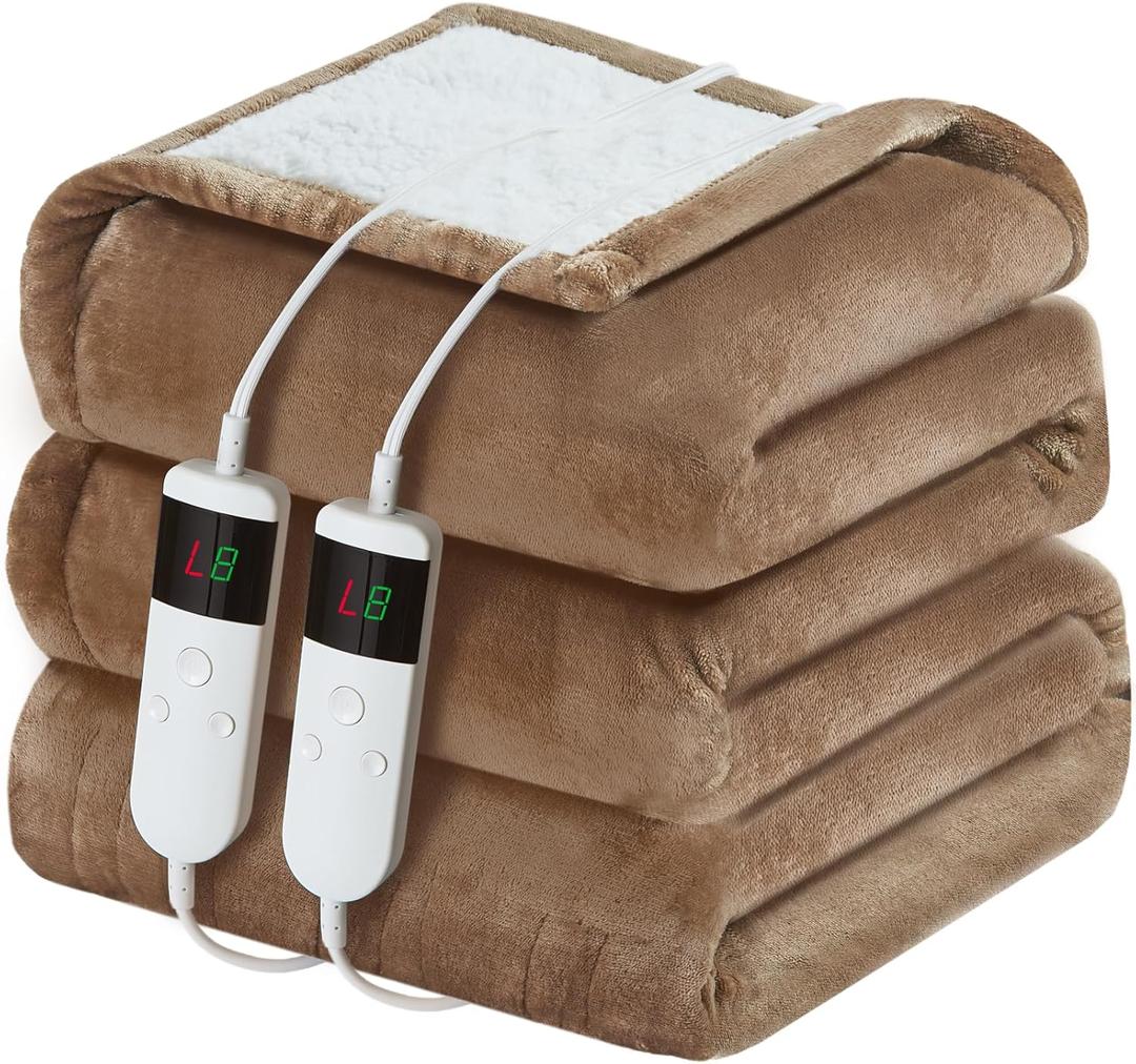 Electric Heated Blanket Queen Size 84''x90'' Soft Flannel & Sherpa Electric Blanket with 10 Heating Levels, Automatically Shut Down After 8h with Overheat Protection Machine Washable (Camel)
